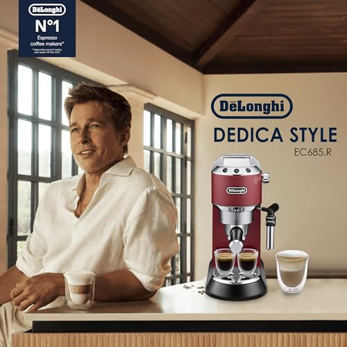 Image of De'Longhi Dedica Style Espresso Machine with Milk Frother, 15-Bar Pressure, Original Italian Barista Style Coffee Maker for Home, Make Espresso, Latte, Cappuccino & Iced Coffee, Red, EC685.R