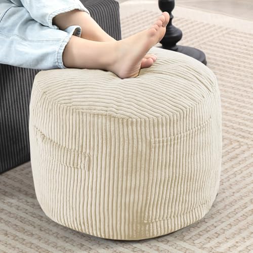 Manyday Round Stuffed Pouf Ottoman,Corduroy Foot Rest with Rebound Foam Filled, Furry and Fluffy Foot Stool Ottoman, Floor Poufs for Living Room (Beige, 20" D x 20" W x 15" H) Beige 20"D x 2