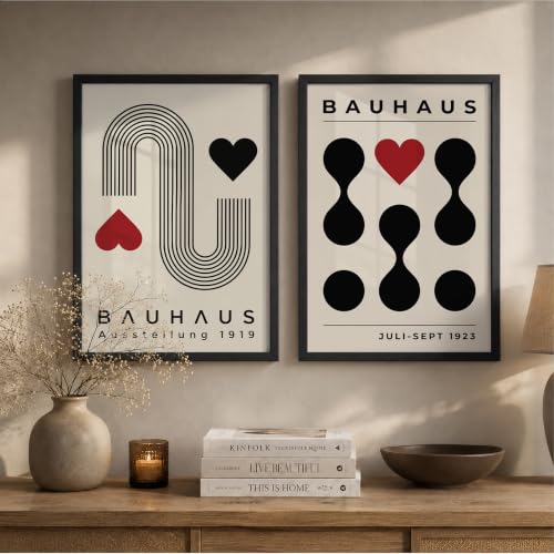Image of Suneree Bauhaus Wall Art Set of 2 Framed Paintings | Geometric Abstract Modern Art Poster Black Red | Living Room Office Contemporary Home Decor (Art 14, 13x19 Inches, Black)