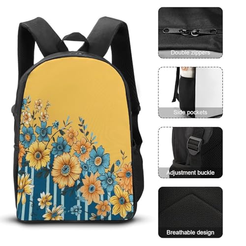 Printed Backpack With Lunch Pack Storage Box Case Yellow And Blue Floral 3pcs Lightweight Travel Backpack3