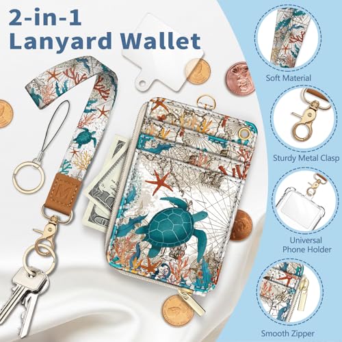 Lanyard Wallet with Id Badge Holder, Sea Turtle RFID Small Keychain Wallet Women Wristlet, Cute Zipper Credit Card Holder Phone Wrist Neck Strap for Key Name Tag, Teacher Student Office Gifts