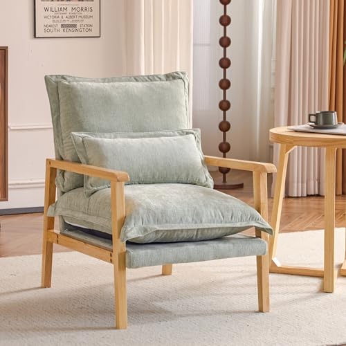 VINGLI Mid-Century Modern Cloud Accent Armchair with Lumbar Pillow, 6.3'' Thick Seat Cushion Comfy Reading Chair with Wooden Armrests,Boho Lounge Chair for Bedroom, Living Room, Chenille, Sage Green
