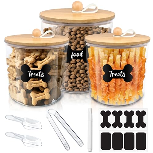 HOYTAMDAR 3 Pack Airtight Dog Treat Containers with Bamboo Lids Dog Treat Jars with Scoops Clamps Labels and Marker Dog & Cat Treat Holder