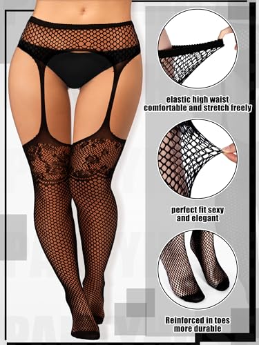 Image of Jadive 6 Pairs Women Plus Size Suspender Tights Fishnet Thigh High Stockings Garter Belt Lingerie Pantyhose