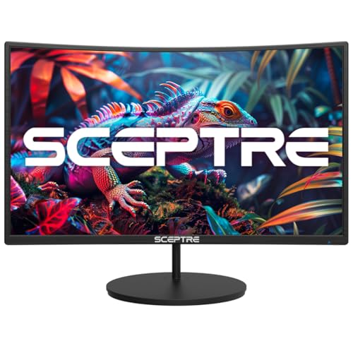 Sceptre curved 24-inch gaming monitor displaying vibrant colors and an intricate lizard design, showcasing its immersive visual capabilities for gaming enthusiasts.