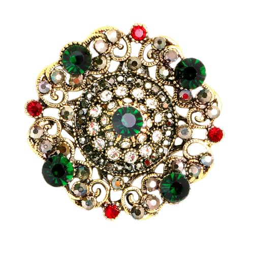 Image of Antique Round Rhinestone Brooch Pin for Women Girls Vintage Baroque Red Green Crystal Boho Style Brooches Lapel Pins Elegant Dress Accessories Christmas Wedding Festival Ornament Jewelry Gift