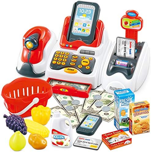 Cheffun Toy Cash Register for Kids - Kids Cash Register with Scanner, Credit Reader, Play Cash Register for Kids, Toy Cash Register Learning Resources, Play Money for Kids for Age 3 4 5 6 7+