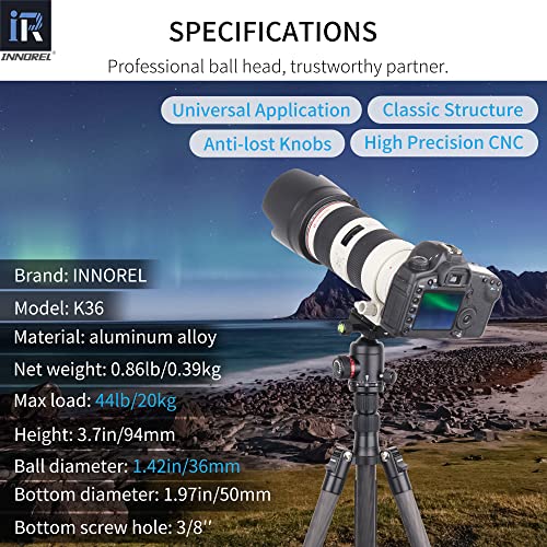 Innorel K36 36mm Universal Ball Head CNC Aluminum Alloy 44lb Max Load for Camera, DV, Telescope