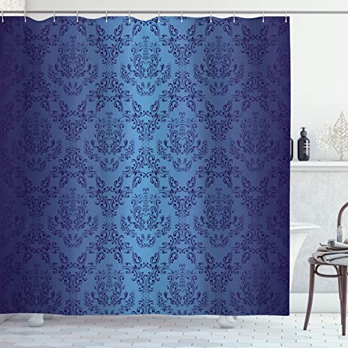 Ambesonne SC_14394_NAVY_BLUE_06.06_LONG Navy Blue Shower Curtain, Antique Baroque Floral Swirling Patterns Victorian Vintage Retro Style, Cloth Fabric Bathroom Decor Set cover