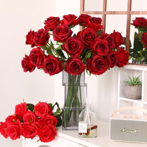 JUSTOYOU 20 PCS Burgundy Rose Artificial Flower,Silk Blooming Rose with Stem,Artificial Rose Bouquet Realistic Flower for Home Table Office Party Wedding Garden Arrangements(Blossom Roses Burgundy) - Image 4