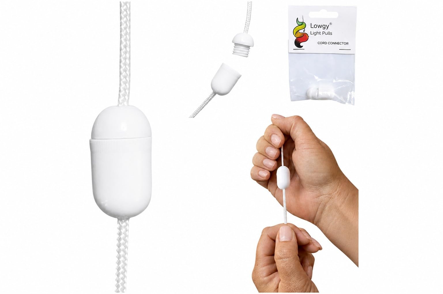 Lowgy White Plastic Cord Connector for connecting bathroom light pull cords, blinds, laces and string projects