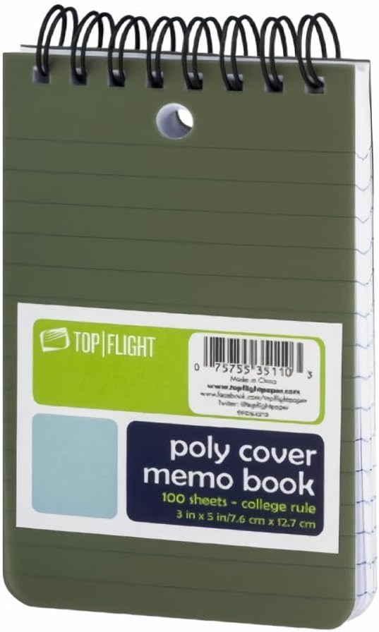 Top Flight Poly Cover Memo Book 3x5 in Top Wire Color Will Vary (Pack of 10)