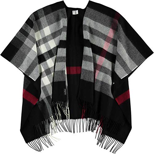 FRAAS Essential Plaid Ruana Poncho for Women - Plaid Cape With Twisted Fringes - Woven Jacket in Fashionable Colors & Traditional Tartan - Black