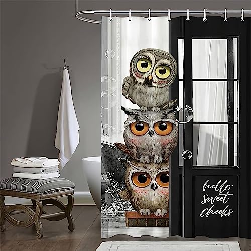 banonaty Funny Animal Shower Curtain Cute Owl Bathroom Shower Curtains Black White and Grey Plastic Shower Curtain with Hooks Waterproof Polyester Fabric Bathroom Decor 60x72In