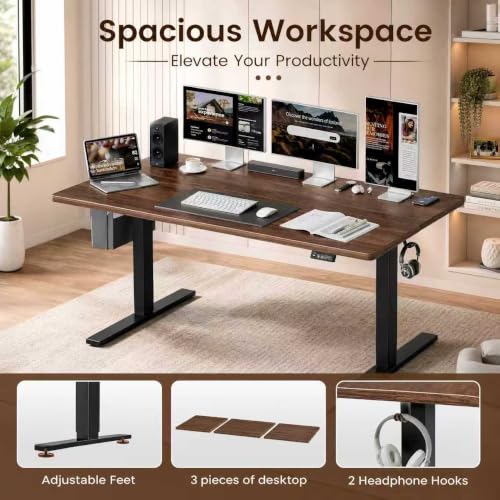 Image of Grandder 63x32 Large Electric Standing Desk, Height Adjustable Computer Desk with 2 Memory Presets, 31.5 inch Deep Desktop Sit Stand Desk Home Office Desk Workstation Table with Hooks, Walnut