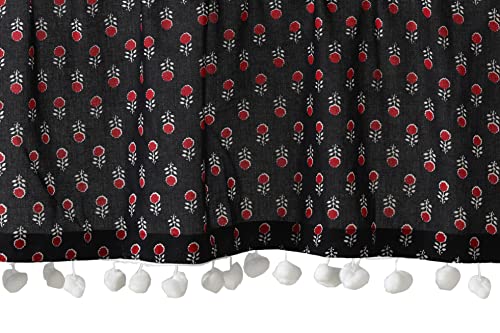 Image of Ravaiyaa - Attitude is everything Hand Printed Half Window Kitchen Curtain 100% Cotton Short Drapery Valance Curtain 40 inch X 18 inch Inch (Black Red Floral)