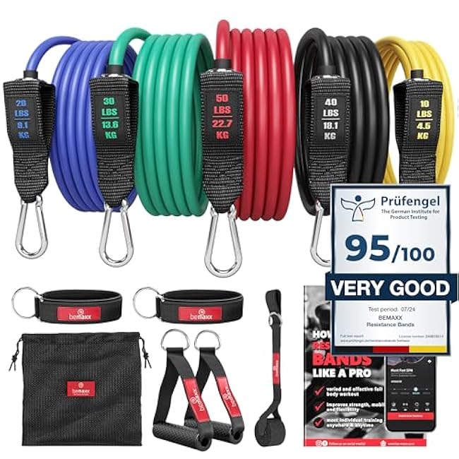 Resistance Bands Set with Handles, Door Anchor, Ankle Straps + Exercise Ebook, 5 Long Latex Tubes Premium Heavy Duty Expander Cords, Full Body Butt Leg Fitness Workout Women, Powerlifting Training Men