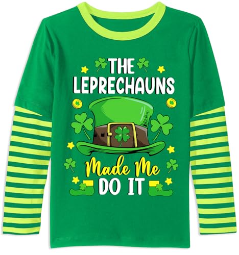 Image of Unisex Kid's St Patrick's Day Shamrock Top Striped Patchwork Irish Clover Long Sleeve Shirt 4-14 Years
