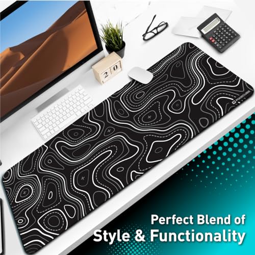Image of Pixiecube Minimalist Topographic Map Mouse Pad - Contour Extended Large Stitch Edge Mousepad. Black & White Non-Slip XXL Gaming Desk Mat