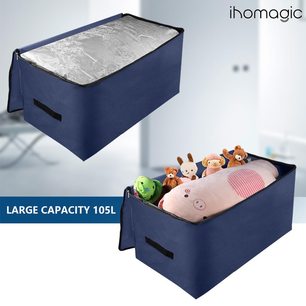 2 Pezzi Grande Borsa Portaoggetti, 105L Pieghevole Contenitore Vestiti con Manico e Cerniera, Organizzatore di Contenitore Sottoletto, Scatole Portaoggetti per Giocattoli, Trapunte, Blu Scuro