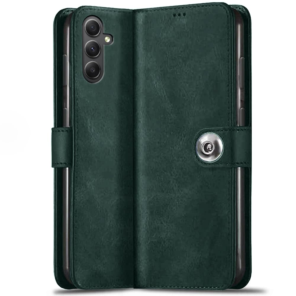 TheGiftKart Genuine Leather Finish Flip Back Cover Case for Samsung Galaxy A34 5G | Inbuilt Pockets & Stand | Wallet Style | Designer Button Magnet Flip Case Back for Samsung A34 (Faux Leather, Green) (B0D4J65CSS) Amazon Price History, Amazon Price Tracker
