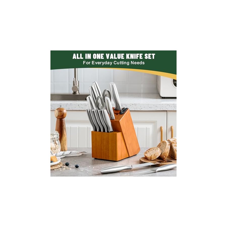Knife Set, EWFEN 14-Piece Kitchen Knife Set with Block, German Stainless Steel Knives with Built-in Knife Sharpener, Anti-Slip Sharp Knives Set for Kitchen, Dishwasher Safe, Concave-dotted Handle