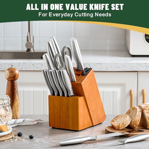 Knife Set, EWFEN 14-Piece Kitchen Knife Set with Block, German Stainless Steel Knives with Built-in Knife Sharpener, Anti-Slip Sharp Knives Set for Kitchen, Dishwasher Safe, Concave-dotted Handle by EWFEN - Image 3