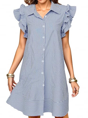 Women's Plus Size Striped Mini Dress Elegant Button Down Ruffle Sleeve Casual Dresses
