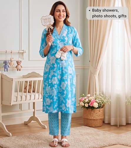Image of DUMMY SHAPE Feeding Kurtis for Women Cotton Blend | Floral Kurta Pant Dupatta Set with Nursing Zippers to Pre & Post Partum | Maternity Dresses | Mom to Be Gifts for Pregnant Woman