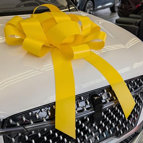 Image of CarBowz Big Car Bow for Car Decorations and Birthday Car Gifts, Large Bow Ribbon, Magnet, Car Safe Sticker Included, Fully Assembled 30 inch Wide Huge Bow, No Suction Cup Needed (Yellow)