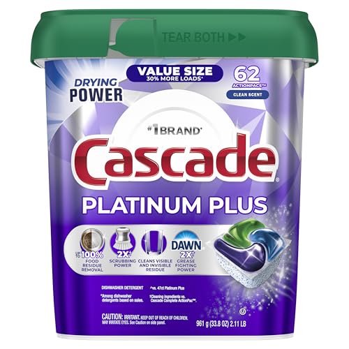 Cascade Platinum Plus Dishwasher Pods, Dish Detergent Soap, Clean Scent, 62 Count