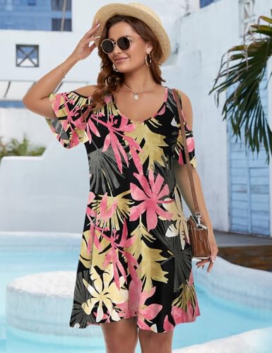 Image of JollieLovin Womens Plus Size Short Sleeve Cold Shoulder V Neck T-Shirt Dress with Pockets