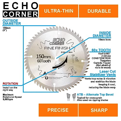 Echo Corner 150mm (10mm Bore) 60T Fine Finish Wood Plywood MDF Plastic Veneer Lumber Laminate for Circular Saw - Image 2