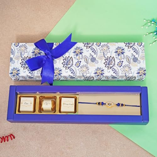 Image of Velvet Fine Chocolates Rakhi Mini Sweets Gift Box | Assorted Chocolates & Evil Eye Rakhi | Perfect Raksha Bandhan Gift | Pack of 1