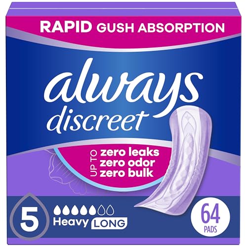 Image of Always Discreet Adult Incontinence Pads for Women, Heavy Absorbency, Long Length, Postpartum Pads, 64 Count (2 Packs of 32)