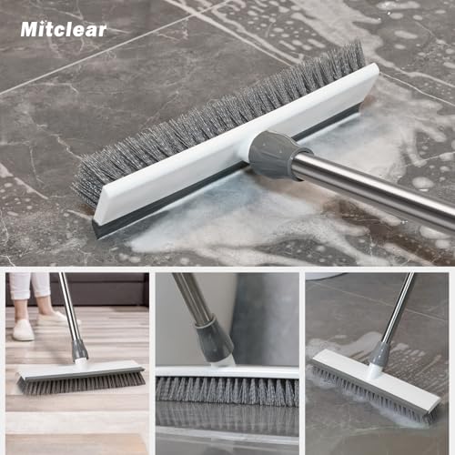 Mitclear Boden-Scheuerbürste mit Stiel(128cm), Schrubber Terrasse mit steife Borsten & Gummiabzieher, Terrassenreiniger, Scheuerbürste für die Reinigung von Fliesen, Balkon, Küche, Bad, Dusche, Garage