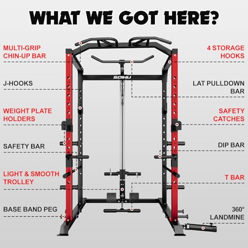 Image of C1-V4 Power Cage, 2000LBS Squat Rack with LAT Pulldown, Multi-Function Weight Cage Strength Training Machine, Workout Cage with More Attachments for Home Gym Garage