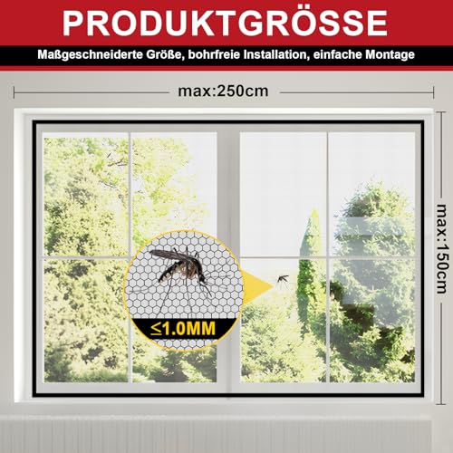 ZUIYIN Fliegengitter Fenster 150x250 cm, Insektenschutz Fenster ohne Bohren, Fliegennetz mit Upgrade 2.0 Klettband, Mückennetz Fenster, Fenstergitter Insektenschutz Schwarz