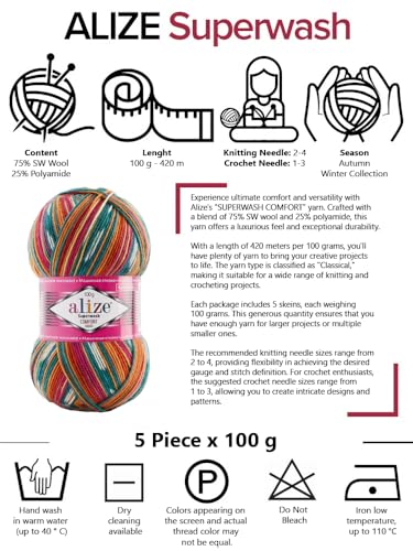 Alize Sock Yarn 5x100g Superwash Comfort Socks Wool 420 m Batik Self-Patterning Multicolour Yarn for Knitting and Crochet Sweater Vest Cardigan Blouse Scarve Hat Beanie Bootie Mitten Beret (7839) - Image 2