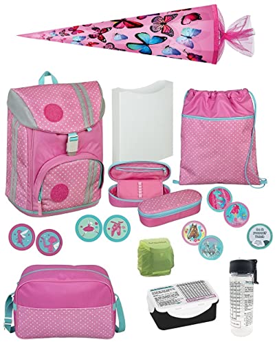 Familando Mädchen Schulranzen-Set 18 TLG. Modell FLEXMAX Ranzen 1. Klasse | Schultasche mit Brotzeit-Dose, Trink-Flasche, Sporttasche, Schultüte 85cm und Regenschutz | Butterfly Pink Cover