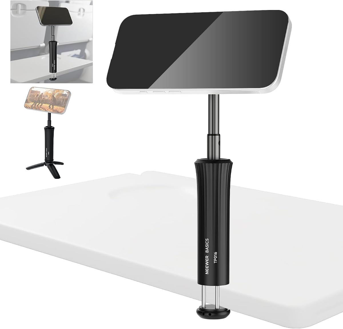 Airplane Phone Holder, Magnetic Smartphone Desk Mount Tripod Stand Handheld Selfie Stick Plane Gadget Travel Essentials Compatible with MagSafe iPhone Samsung Android for Video Recording, TP016