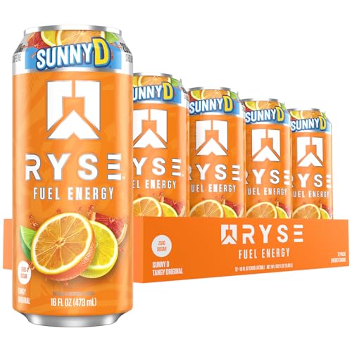 Image of RYSE Fuel Energy Drink - SunnyD Tangy Original - Sugar Free, Gluten Free & Vegan - 200mg Natural Caffeine, Taurine & Choline for Focus & Energy - No Artificial Colors - 16 fl oz Cans (12-Pack)