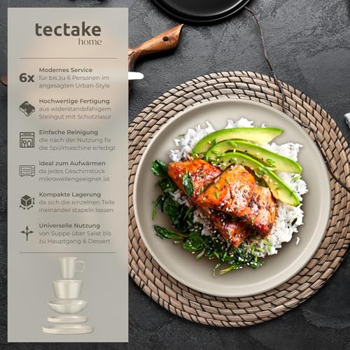 tectake® 30-tlg. Kombiservice, Geschirrset, Tafelservice 6 Personen, Steingut Geschirr Set, Teller Set mit Schalen, Kaffeetassen, Speiseteller, Frühstücksteller, tiefe Teller und Schüsseln - taupe