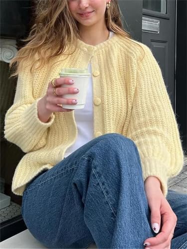 Image of Women's Casual Puff Long Sleeve Crew Neck Cardigan Button Down Open Front Knit Loose Sweater Outwear