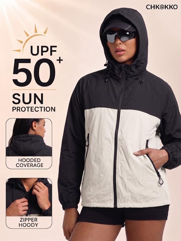 Image of CHKOKKO Sunscreen Jacket For Women With Hood Upf 50+ UV Tan Sun Protection | Wind Proof Lightweight Breathable Quick-dry Water-repellent Fabric | For Gym Sports Running Biking And Dailywear