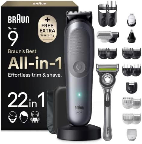 Braun Multigroom All-in-One Series 9, 22-in-1 Trimmer, AIO9545, Grau | Barttrimmer, Nasenhaartrimmer, Haarschneidemaschine, 14 Längen, 120 Min. Akku, Wasserdicht, Inkl. Gillette La