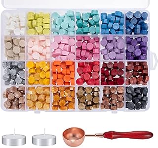 Sealing Wax Beads Set, Seal Stamp 24 Colours Octagonal with 1 Spoon and 2 White Candles for DIY Wax Envelopes Letters Wedding Invitations Cards (600 Pieces)