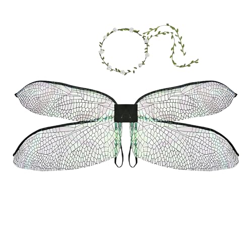 BeSlivewell Dragonfly Wings for Adults Halloween Fairy Dragonfly Wings with Wreath Costume Cosplay Dress up Festive Party (Black)