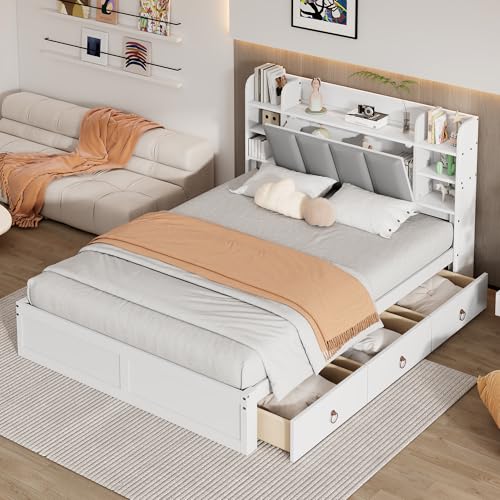 Aoskem Bett 140x200 cm Doppelbett Kinderbett mit Stauraum 3 Schubladen, Kopfteil mit Regal & Ablagefach, Holzbett Stauraumbett Jugendbett Flachbett, Bettgestell mit Lattenrost, Ohne Matratze, Weiß