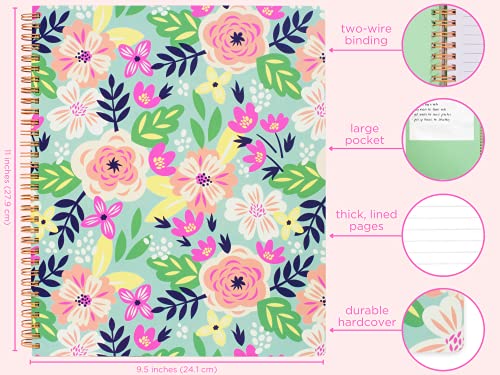 Steel Mill & Co Cute Large Spiral Notebook College Ruled, 11" X 9.5" With Durable Hardcover And 160 Lined Pages, Mint Floral #TOP2